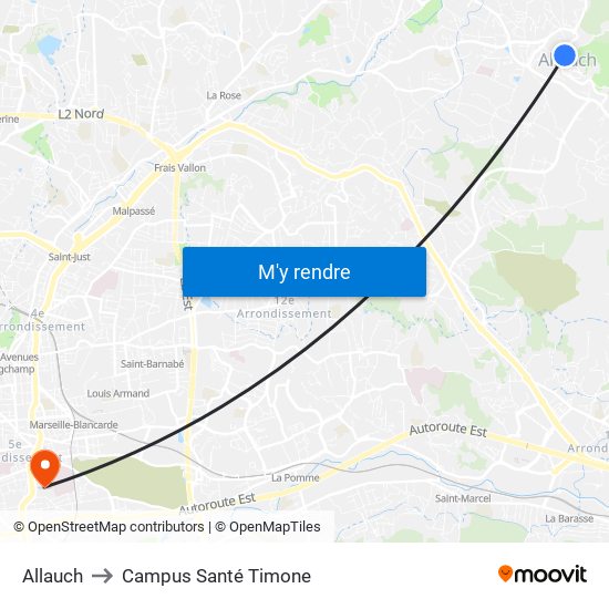 Allauch to Campus Santé Timone map