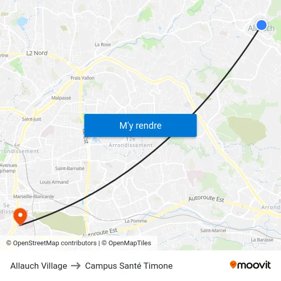 Allauch Village to Campus Santé Timone map