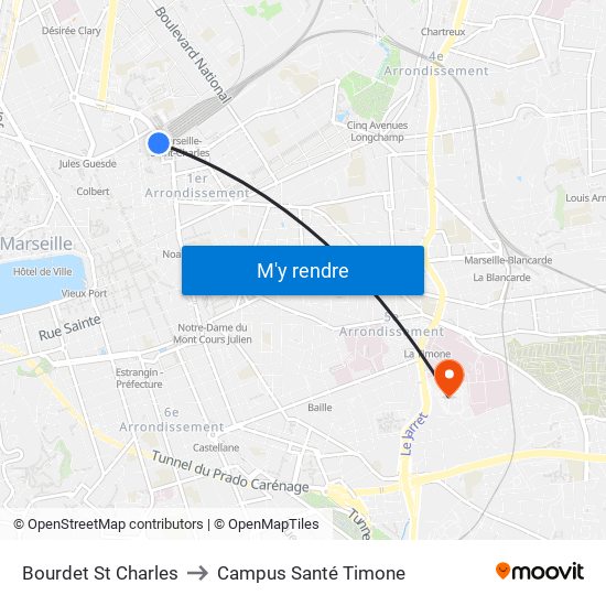 Bourdet St Charles to Campus Santé Timone map