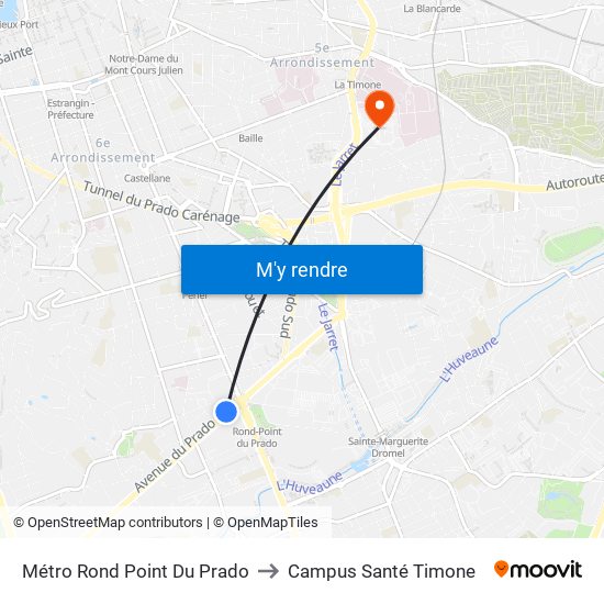 Métro Rond Point Du Prado to Campus Santé Timone map