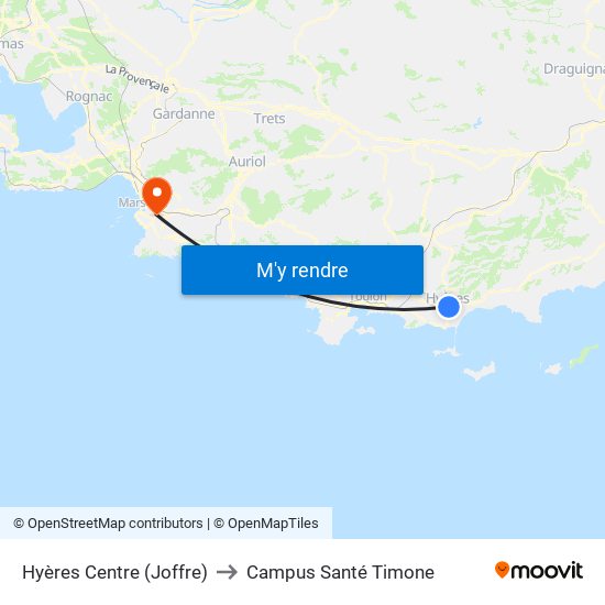 Hyères Centre (Joffre) to Campus Santé Timone map