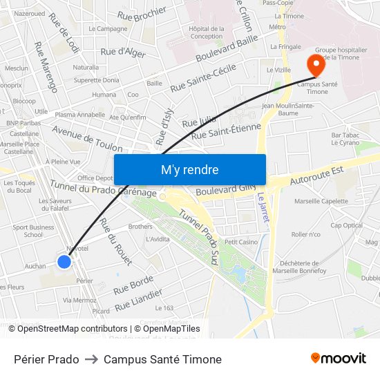 Périer Prado to Campus Santé Timone map