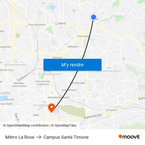 Métro La Rose to Campus Santé Timone map