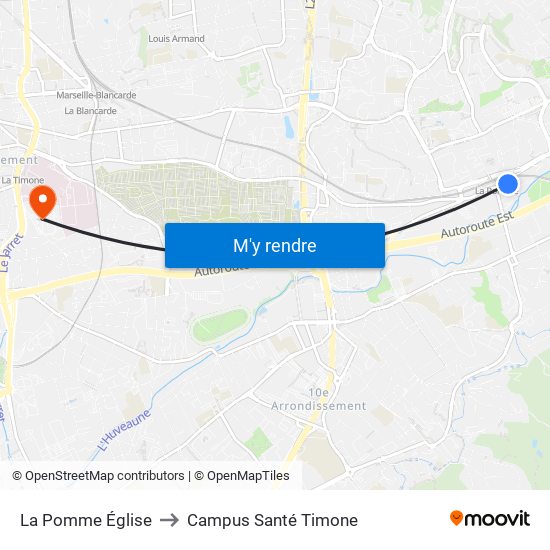 La Pomme Église to Campus Santé Timone map