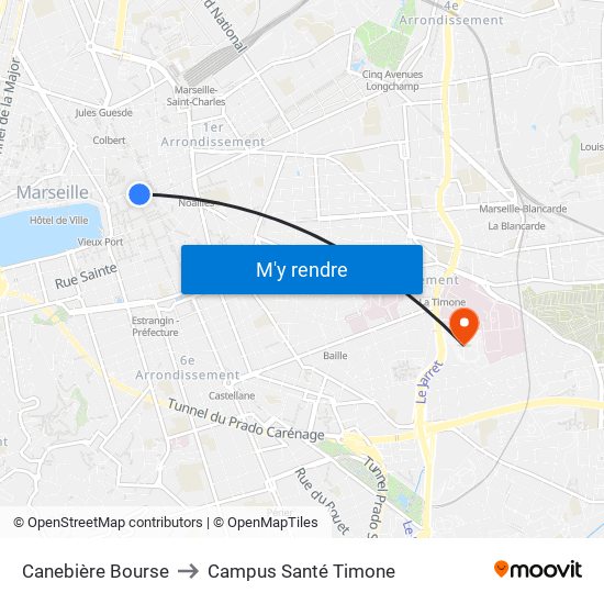 Canebière Bourse to Campus Santé Timone map