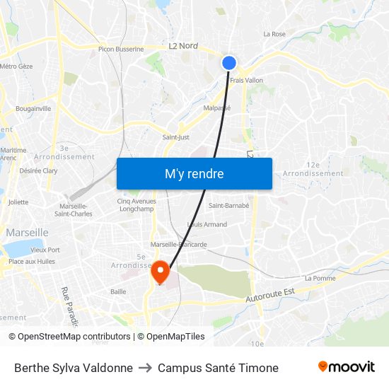 Berthe Sylva Valdonne to Campus Santé Timone map