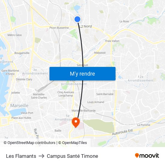 Les Flamants to Campus Santé Timone map