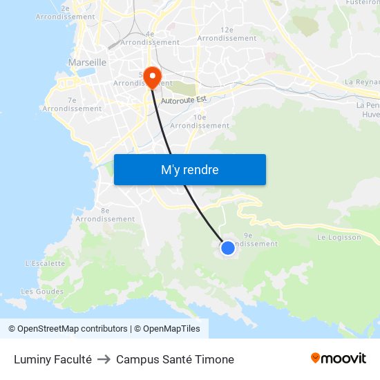 Luminy Faculté to Campus Santé Timone map