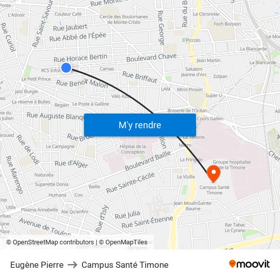 Eugène Pierre to Campus Santé Timone map