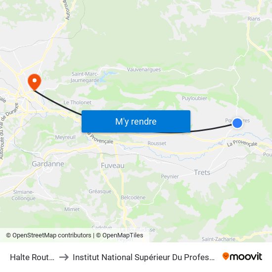 Halte Routière - Pourrières to Institut National Supérieur Du Professorat Et De L'Éducation (Site D'Aix-En-Provence) map