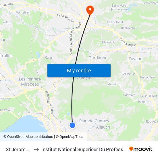 St Jérôme Parking Relais to Institut National Supérieur Du Professorat Et De L'Éducation (Site D'Aix-En-Provence) map