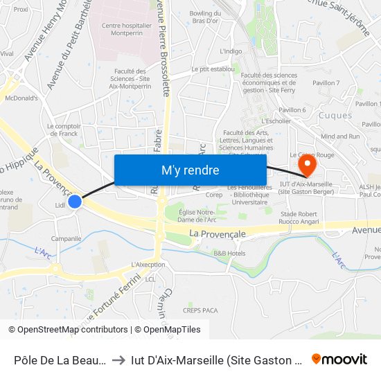 Pôle De La Beauvalle to Iut D'Aix-Marseille (Site Gaston Berger) map