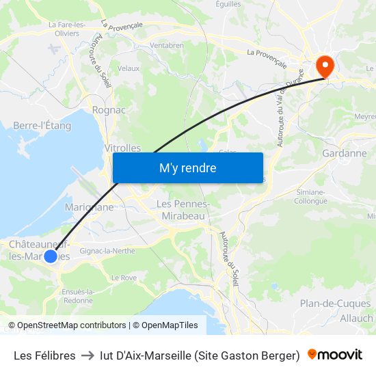 Les Félibres to Iut D'Aix-Marseille (Site Gaston Berger) map