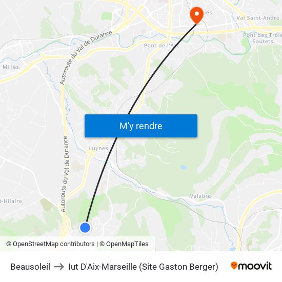 Beausoleil to Iut D'Aix-Marseille (Site Gaston Berger) map