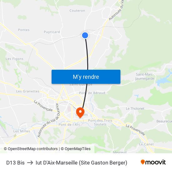 D13 Bis to Iut D'Aix-Marseille (Site Gaston Berger) map