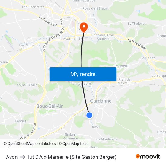 Avon to Iut D'Aix-Marseille (Site Gaston Berger) map