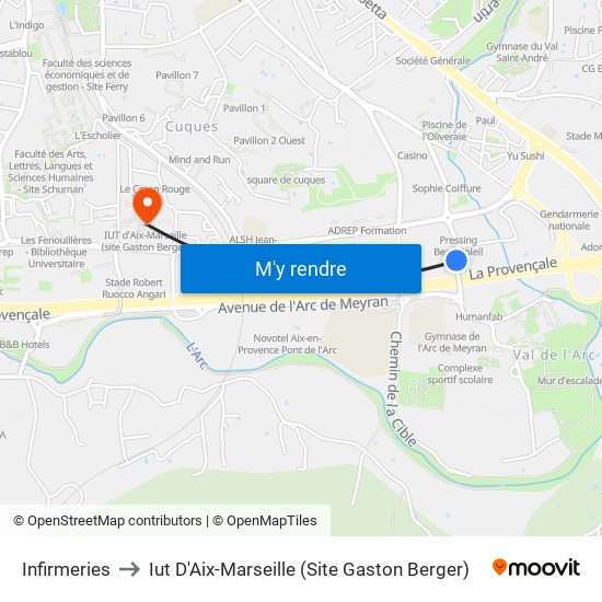 Infirmeries to Iut D'Aix-Marseille (Site Gaston Berger) map