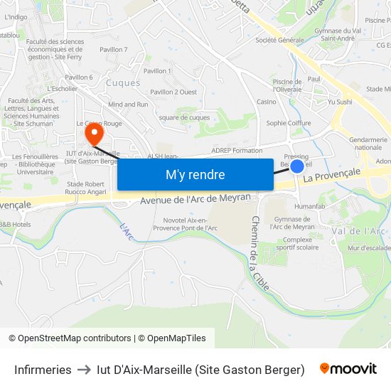 Infirmeries to Iut D'Aix-Marseille (Site Gaston Berger) map