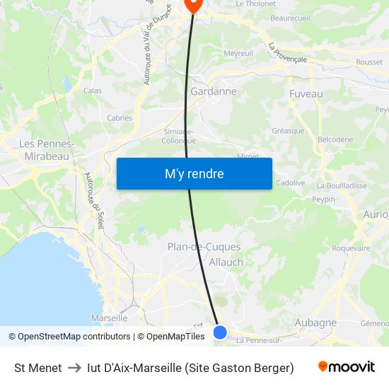 St Menet to Iut D'Aix-Marseille (Site Gaston Berger) map