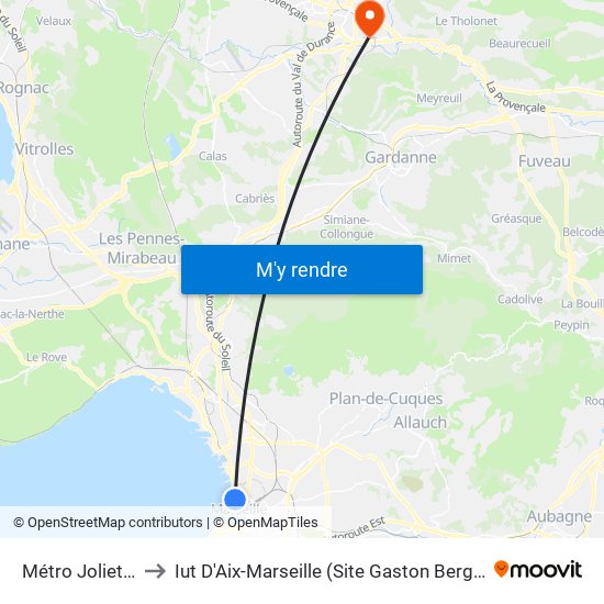 Métro Joliette to Iut D'Aix-Marseille (Site Gaston Berger) map