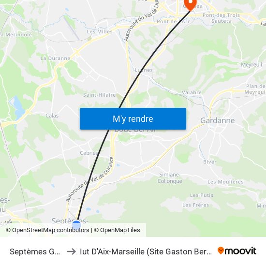 Septèmes Gare to Iut D'Aix-Marseille (Site Gaston Berger) map