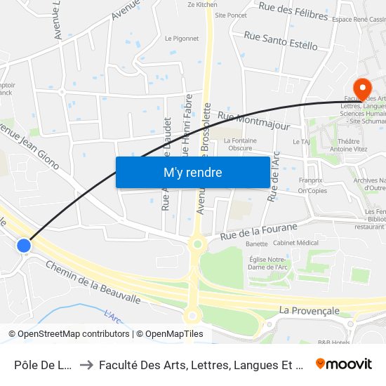 Pôle De La Beauvalle to Faculté Des Arts, Lettres, Langues Et Sciences Humaines - Site Schuman map