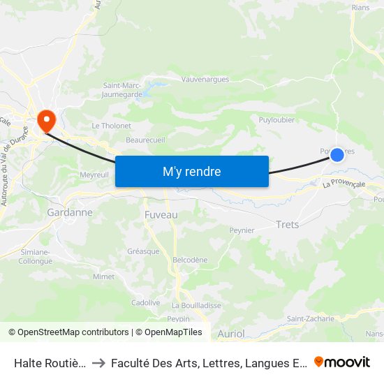 Halte Routière - Pourrières to Faculté Des Arts, Lettres, Langues Et Sciences Humaines - Site Schuman map