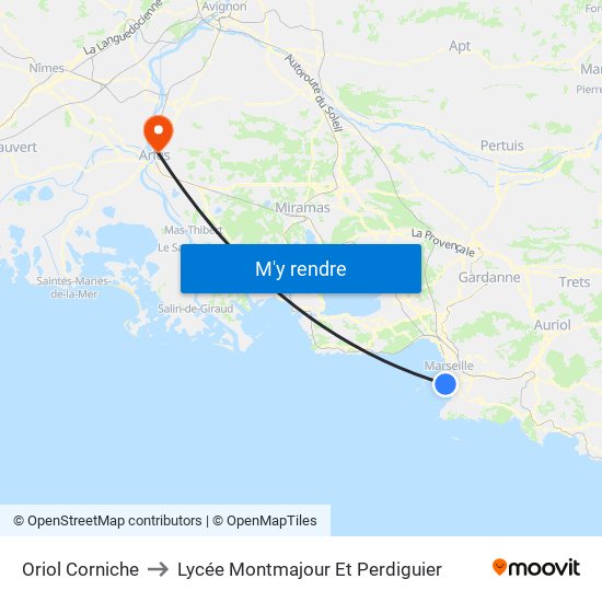 Oriol Corniche to Lycée Montmajour Et Perdiguier map