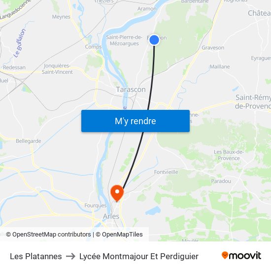 Les Platannes to Lycée Montmajour Et Perdiguier map