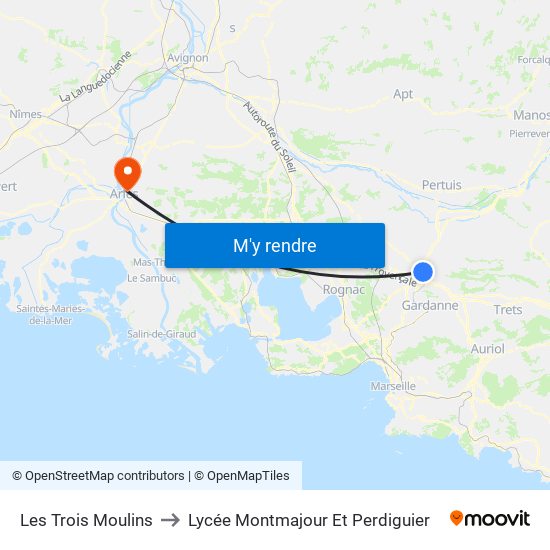 Les Trois Moulins to Lycée Montmajour Et Perdiguier map