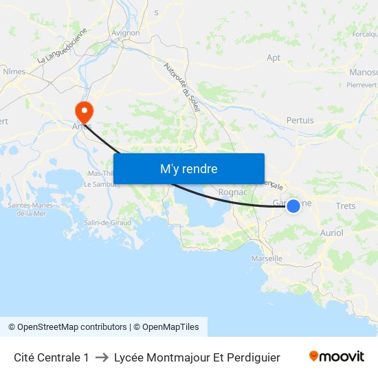 Cité Centrale 1 to Lycée Montmajour Et Perdiguier map