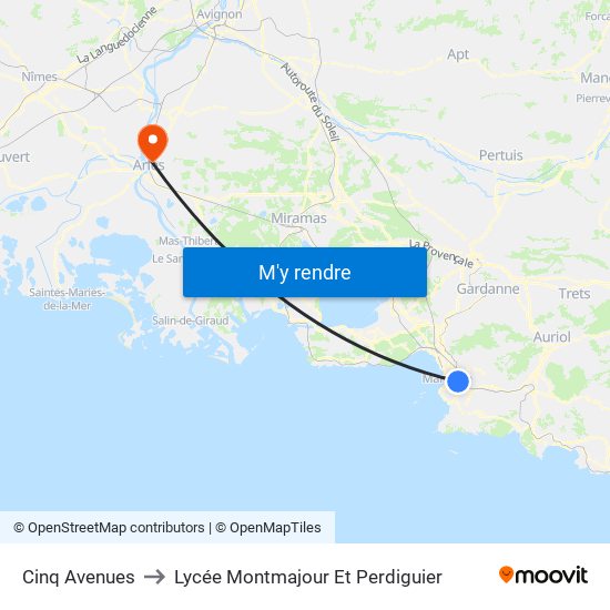 Cinq Avenues to Lycée Montmajour Et Perdiguier map