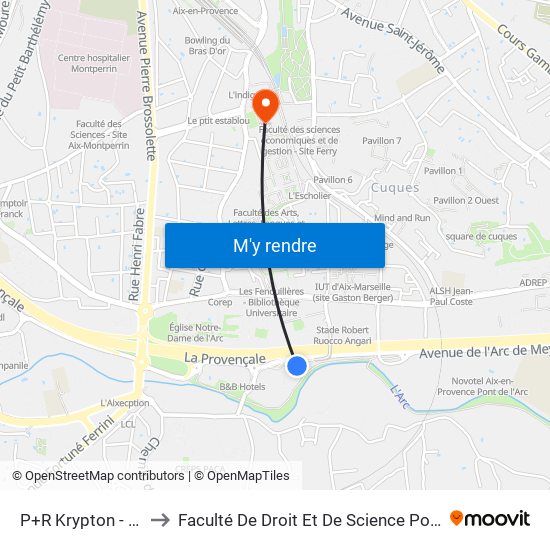 P+R Krypton - Quais 7 & 8 to Faculté De Droit Et De Science Politique - Site Schuman map