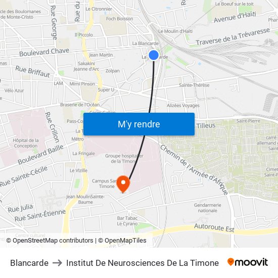 Blancarde to Institut De Neurosciences De La Timone map