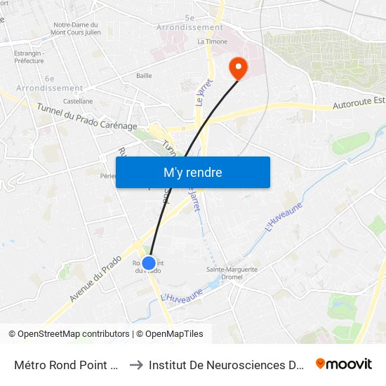 Métro Rond Point Du Prado to Institut De Neurosciences De La Timone map