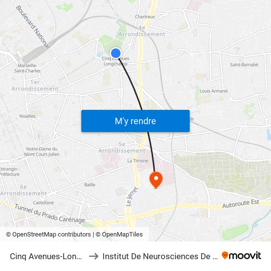 Cinq Avenues-Longchamp to Institut De Neurosciences De La Timone map