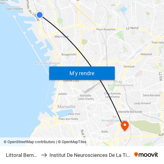 Littoral Bernabo to Institut De Neurosciences De La Timone map