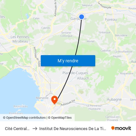 Cité Centrale 2 to Institut De Neurosciences De La Timone map