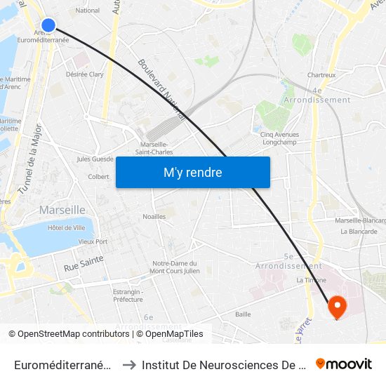 Euroméditerranée Arenc to Institut De Neurosciences De La Timone map