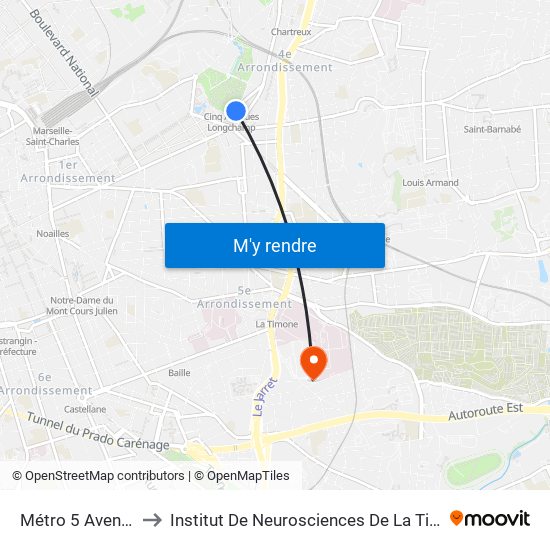 Métro 5 Avenues to Institut De Neurosciences De La Timone map