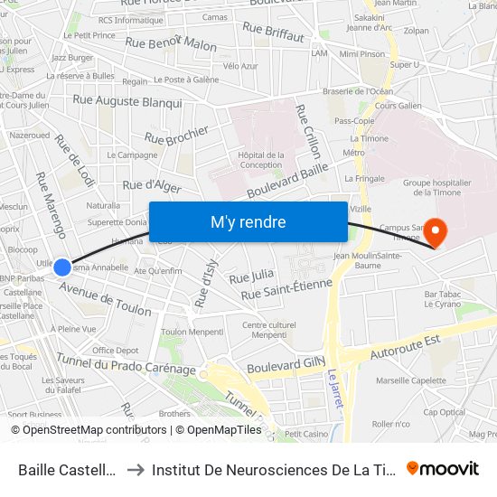 Baille Castellane to Institut De Neurosciences De La Timone map