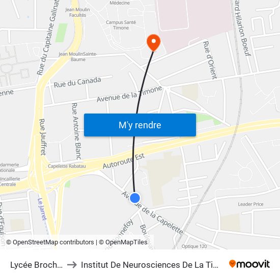 Lycée Brochier to Institut De Neurosciences De La Timone map