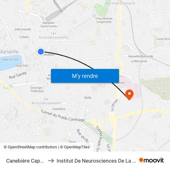 Canebière Capucins to Institut De Neurosciences De La Timone map