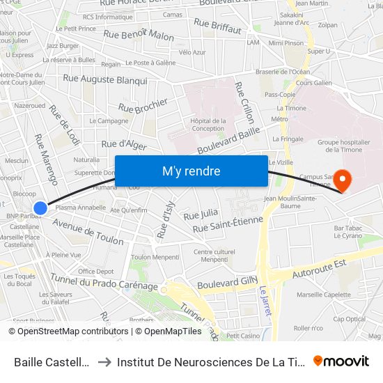Baille Castellane to Institut De Neurosciences De La Timone map