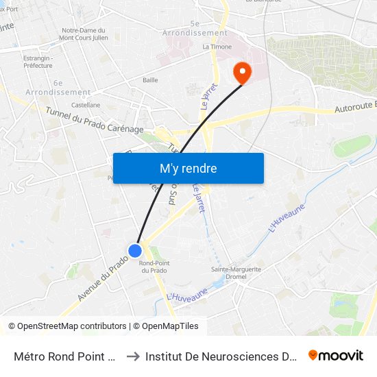 Métro Rond Point Du Prado to Institut De Neurosciences De La Timone map