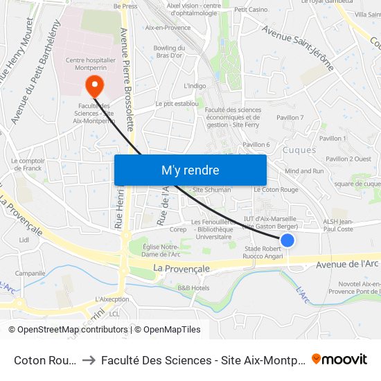 Coton Rouge to Faculté Des Sciences - Site Aix-Montperrin map