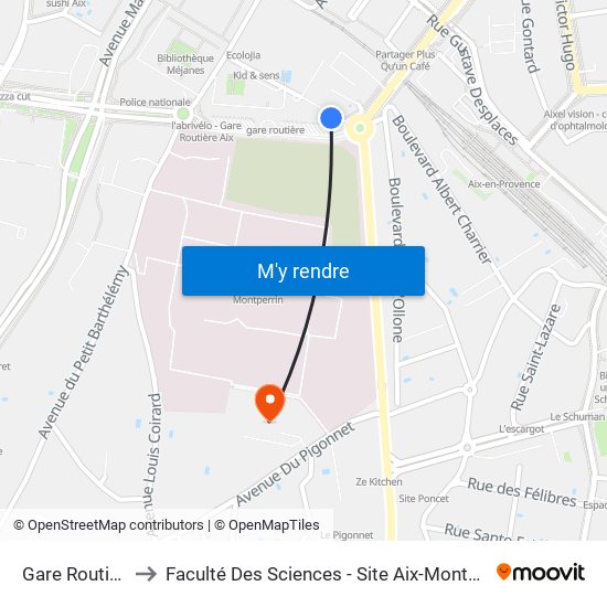 Gare Routière to Faculté Des Sciences - Site Aix-Montperrin map