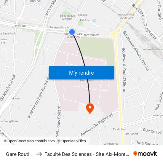 Gare Routière to Faculté Des Sciences - Site Aix-Montperrin map