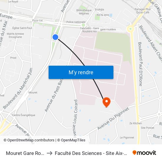 Mouret Gare Routière to Faculté Des Sciences - Site Aix-Montperrin map