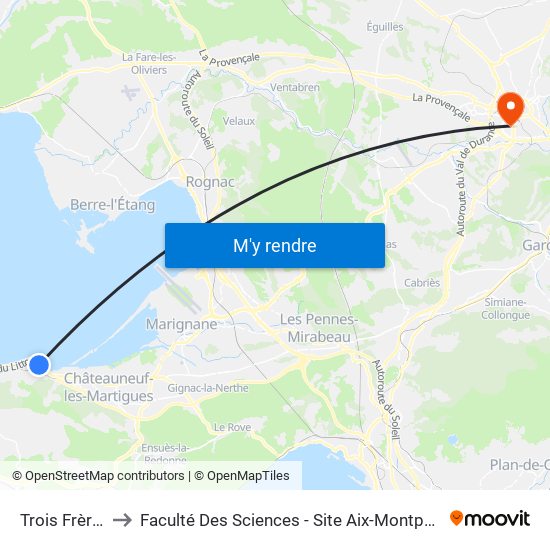 Trois Frères to Faculté Des Sciences - Site Aix-Montperrin map